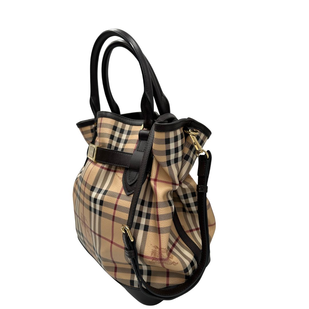 lato  Borsa Burberry in canvas tartan e finiture in pelle marroni, di lusso, originale, ottime condizioni, usata. 