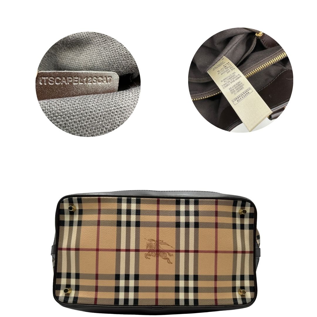 base  Borsa Burberry in canvas tartan e finiture in pelle marroni, di lusso, originale, ottime condizioni, usata. 