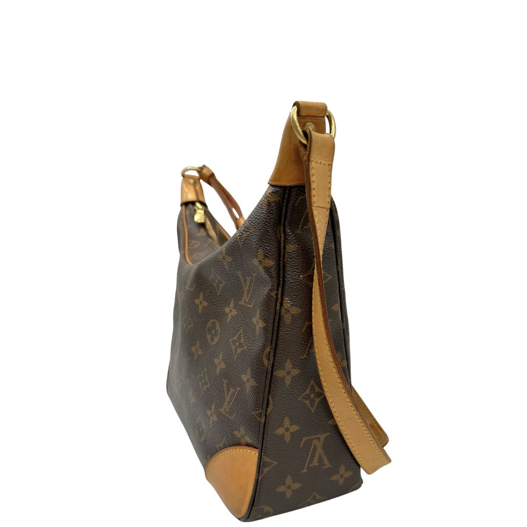 lato  Borsa Boulogne LV in canvas marrone monogram nella versione vintage, di lusso, originale, ottime condizioni, usata. 