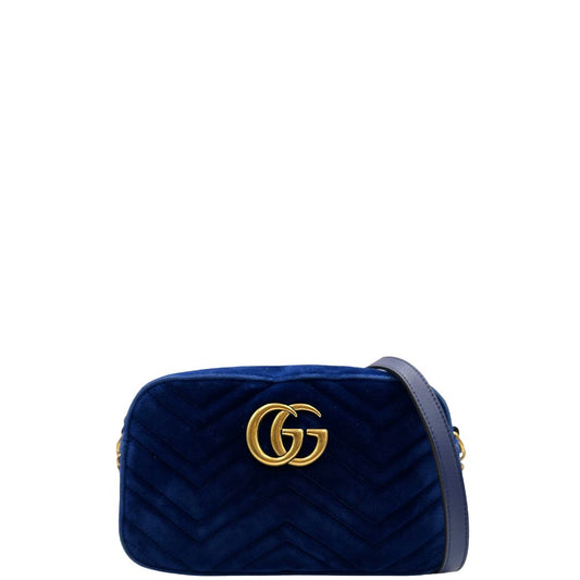 front Camera Bag Gucci blu velvet e hardware dorato, indossabile a tracolla, di lusso, originale, ottime condizioni, usata. 