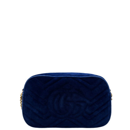 retro Camera Bag Gucci blu velvet e hardware dorato, indossabile a tracolla, di lusso, originale, ottime condizioni, usata. 