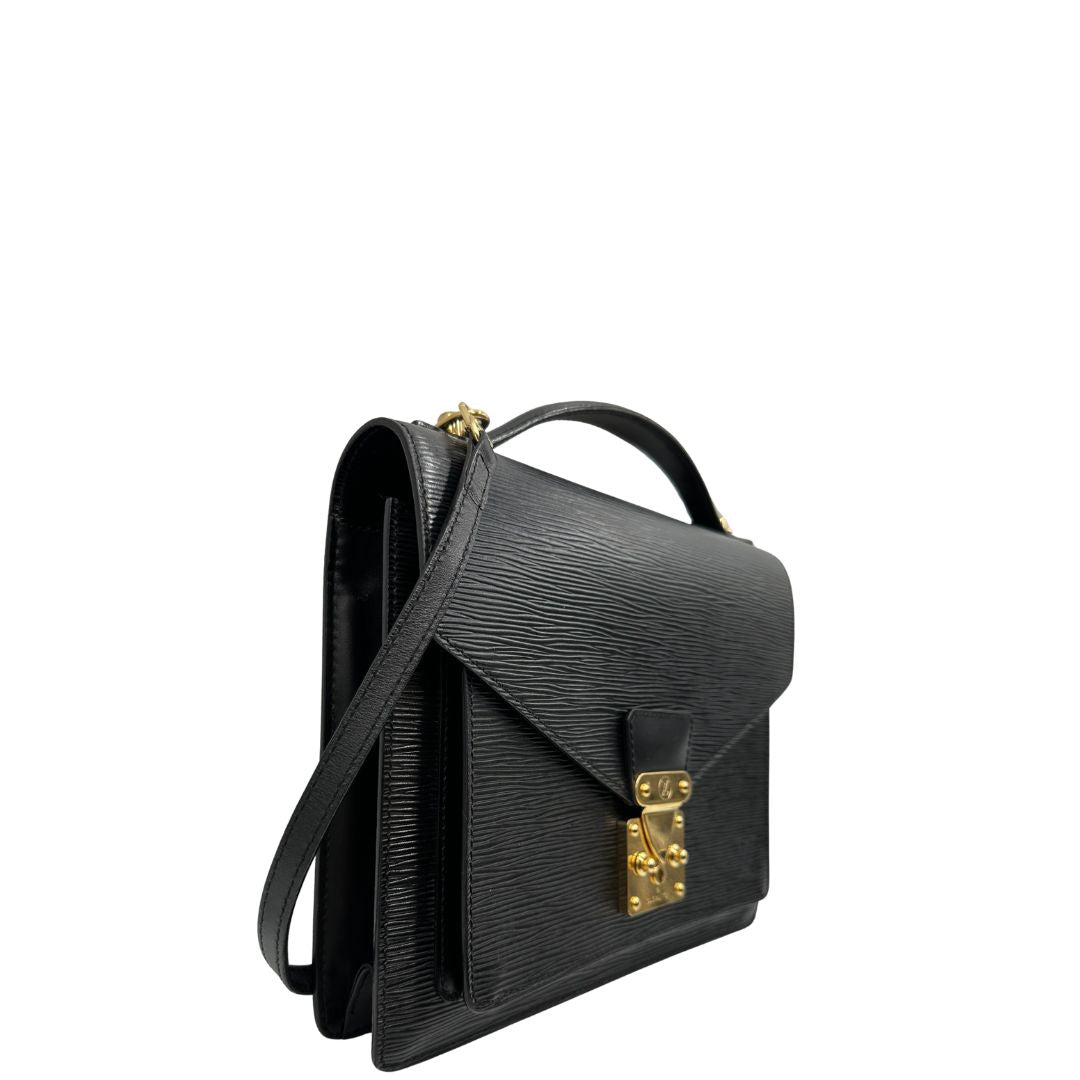 lato  Borsa LV in pelle epi nera con hardware dorato; puoi portarla a mano, a spalla o a tracolla, di lusso, originale, ottime condizioni. 
