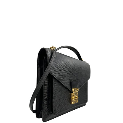 lato  Borsa LV in pelle epi nera con hardware dorato; puoi portarla a mano, a spalla o a tracolla, di lusso, originale, ottime condizioni. 
