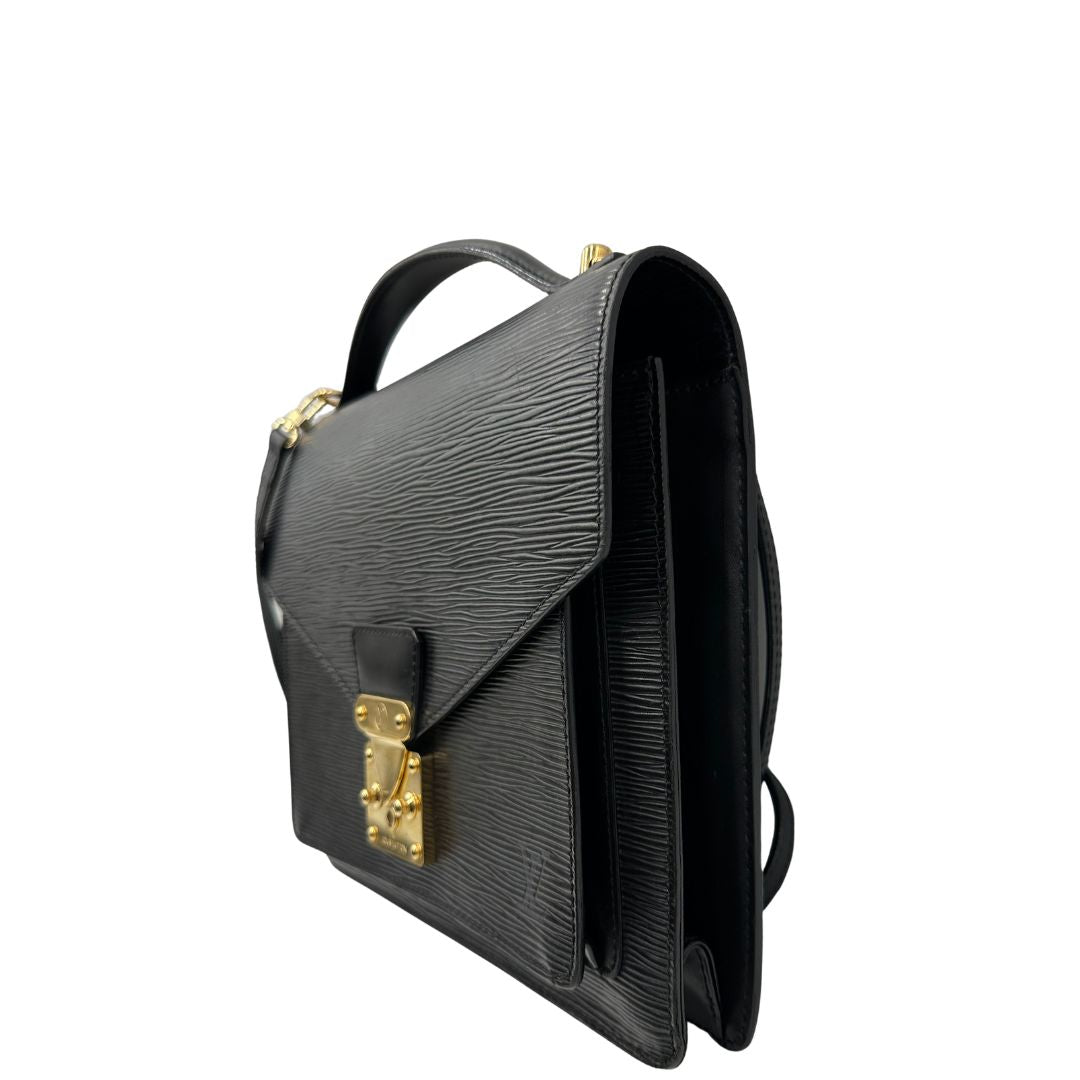 lato  Borsa LV in pelle epi nera con hardware dorato; puoi portarla a mano, a spalla o a tracolla, di lusso, originale, ottime condizioni. 