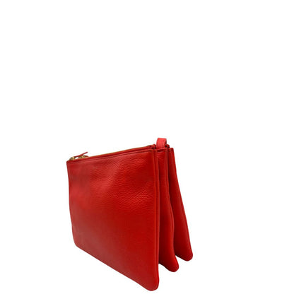 lato Borsa Celine Trio in pelle color rosso corallo e hardware dorato, di lusso, originale, ottime condizioni, usata. 