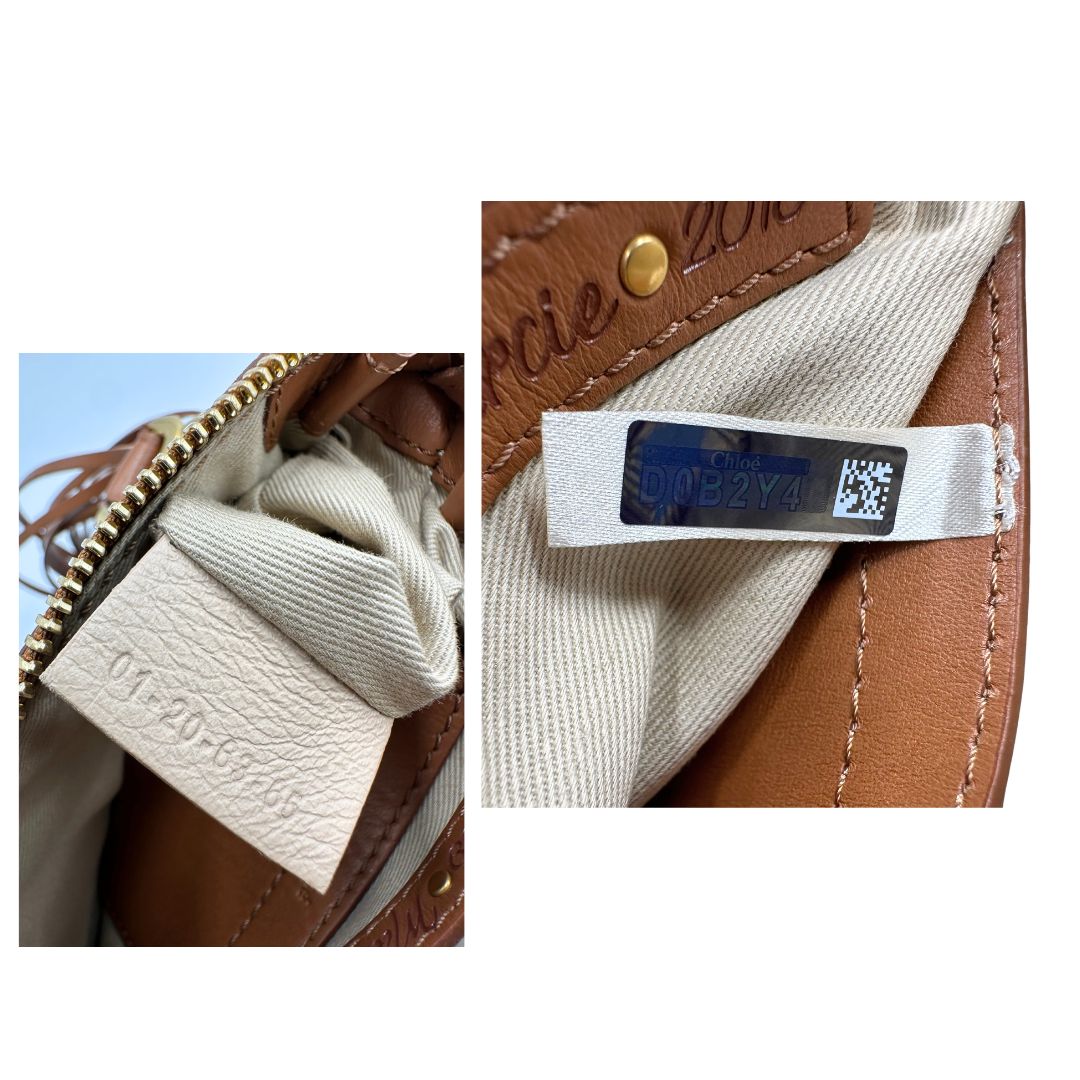 Codice, Borsa Chloè Marcie in pelle martellata color cammello, caratterizzata da lunghe ed evidenti frange decorative. Indossabile a tracolla oppure a mano. Originale, usata, di lusso, in condizioni eccellenti.