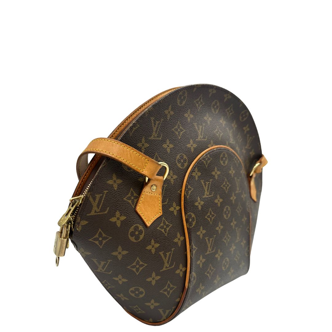 lato  Borsa LV Ellipse in canvas monogram e finiture in vacchetta naturale, nella versione a spalla, di lusso, originale, ottime condizioni, usata. 