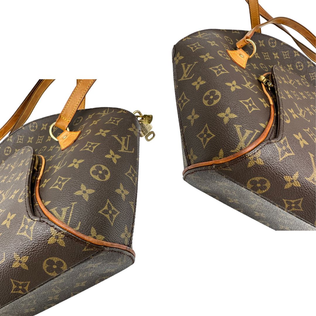 angoli  Borsa LV Ellipse in canvas monogram e finiture in vacchetta naturale, nella versione a spalla, di lusso, originale, ottime condizioni, usata. 
