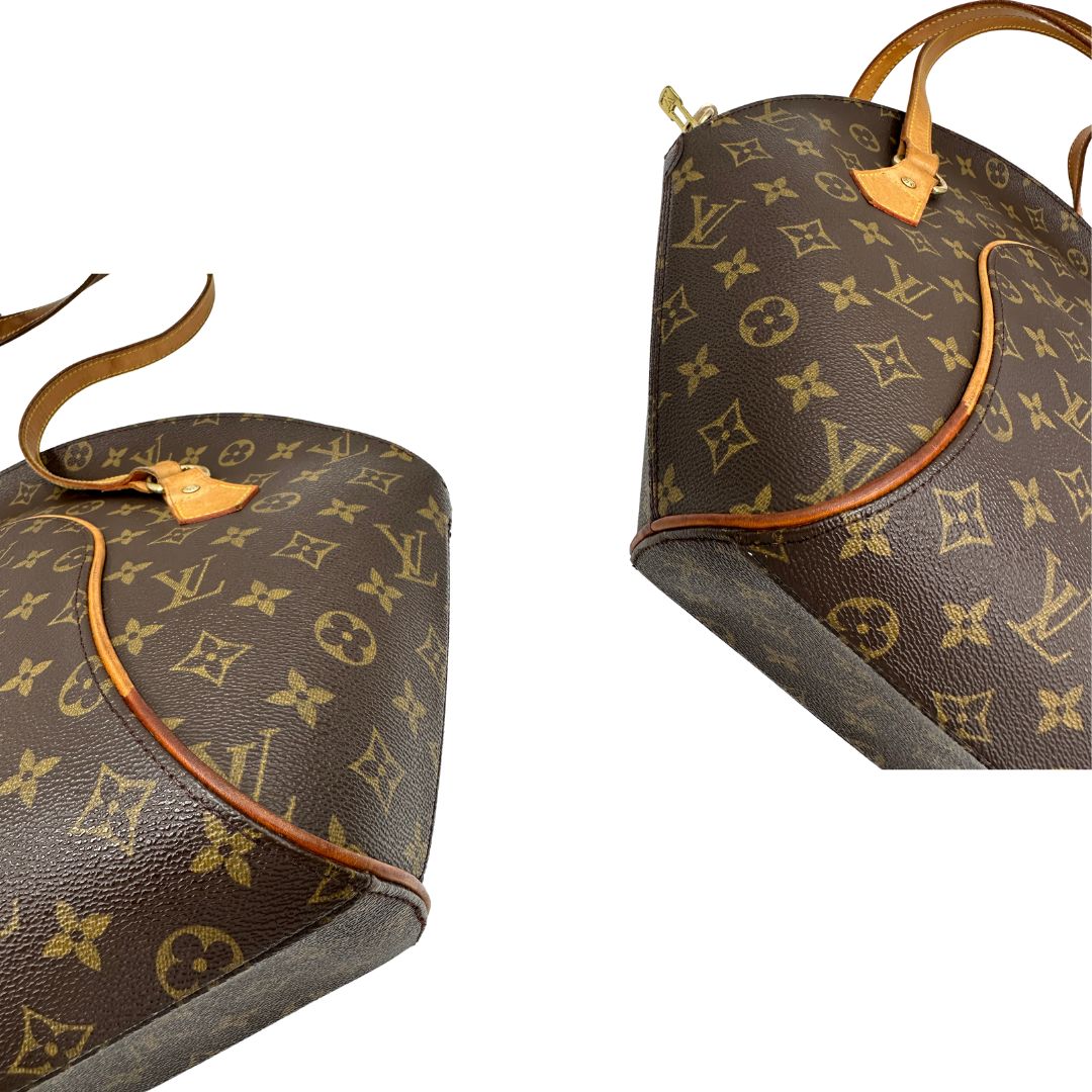 angoli  Borsa LV Ellipse in canvas monogram e finiture in vacchetta naturale, nella versione a spalla, di lusso, originale, ottime condizioni, usata. 