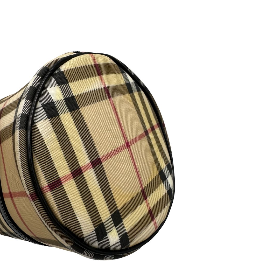 Borsa Burberry in canvas beige tartan con finiture in pelle nere, di lusso, originale, ottime condizioni, usata.
