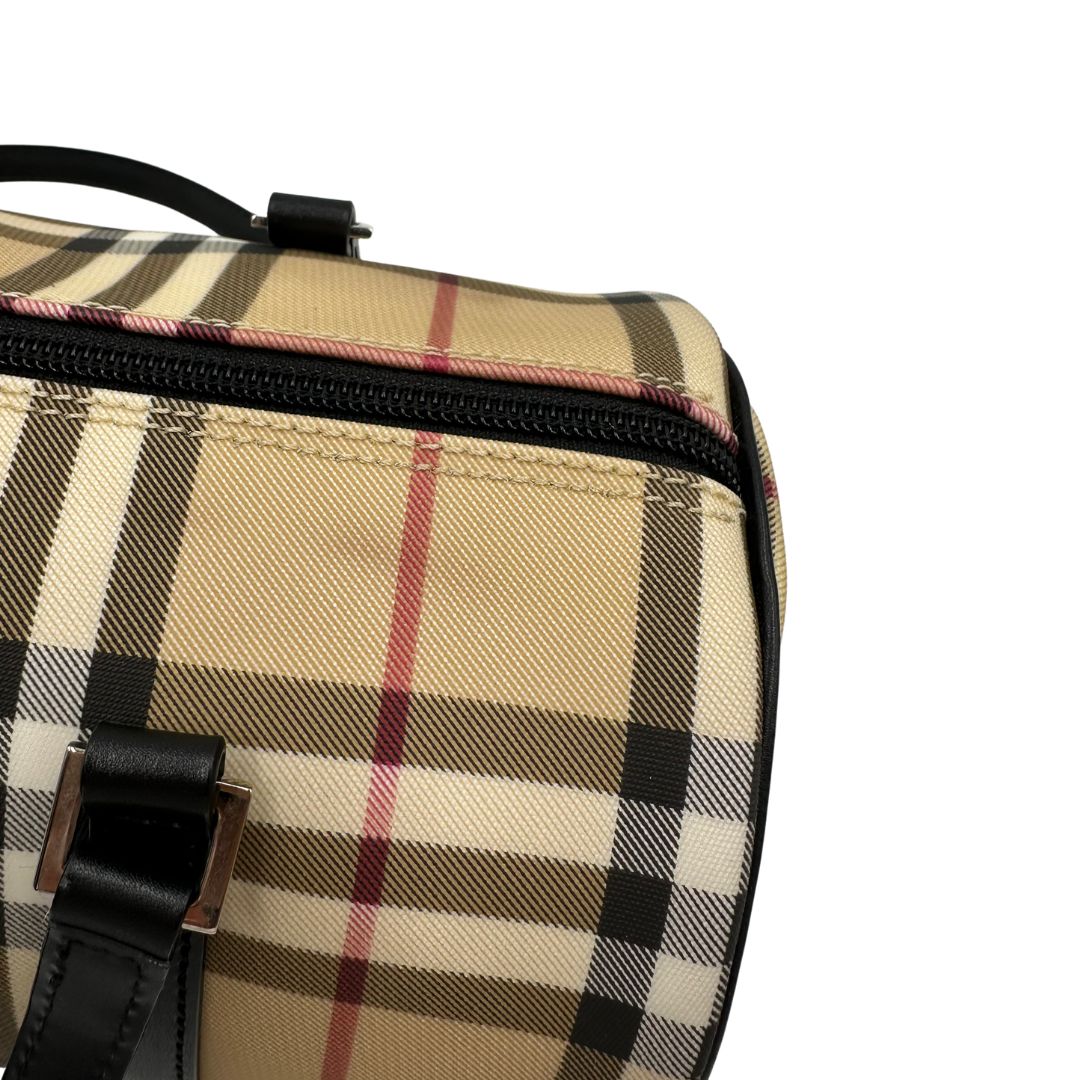 Borsa Burberry in canvas beige tartan con finiture in pelle nere, di lusso, originale, ottime condizioni, usata.