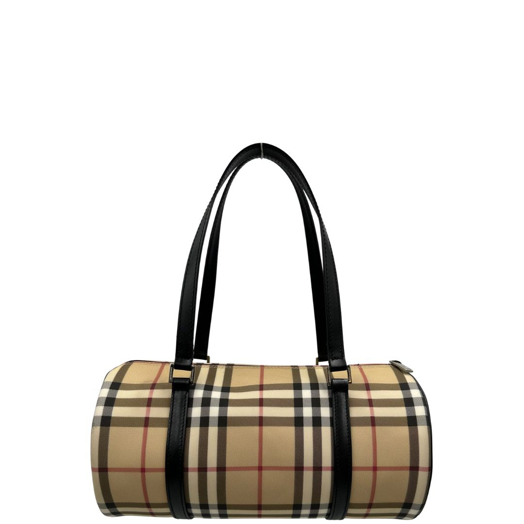 Borsa Burberry in canvas beige tartan con finiture in pelle nere, di lusso, originale, ottime condizioni, usata. 