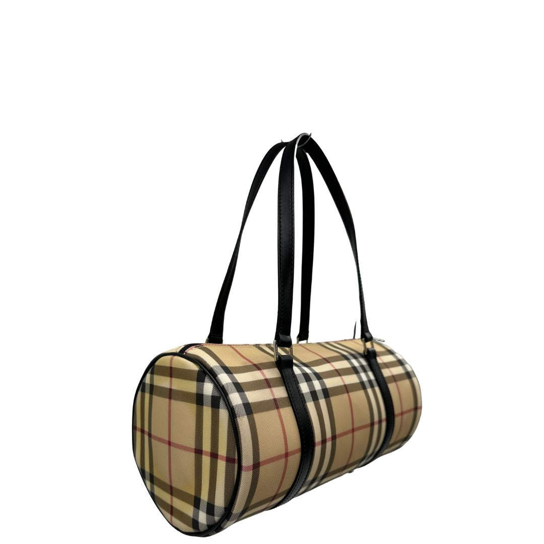 lato Borsa Burberry in canvas beige tartan con finiture in pelle nere, di lusso, originale, ottime condizioni, usata. 