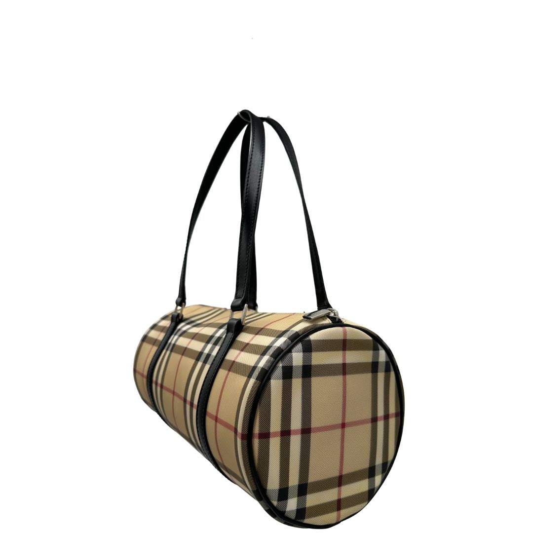 retro Borsa Burberry in canvas beige tartan con finiture in pelle nere, di lusso, originale, ottime condizioni, usata. 