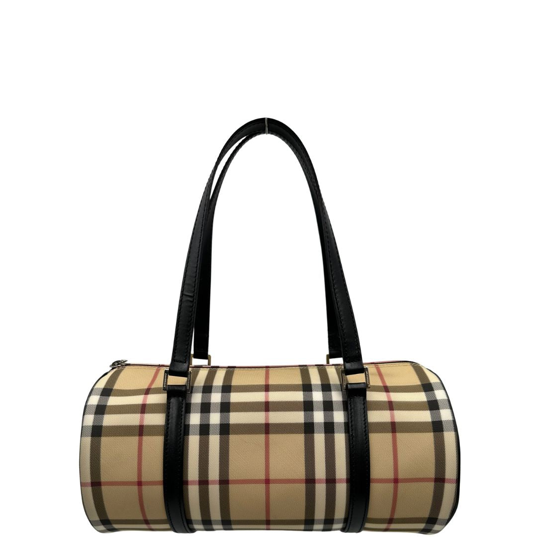 front Borsa Burberry in canvas beige tartan con finiture in pelle nere, di lusso, originale, ottime condizioni, usata.