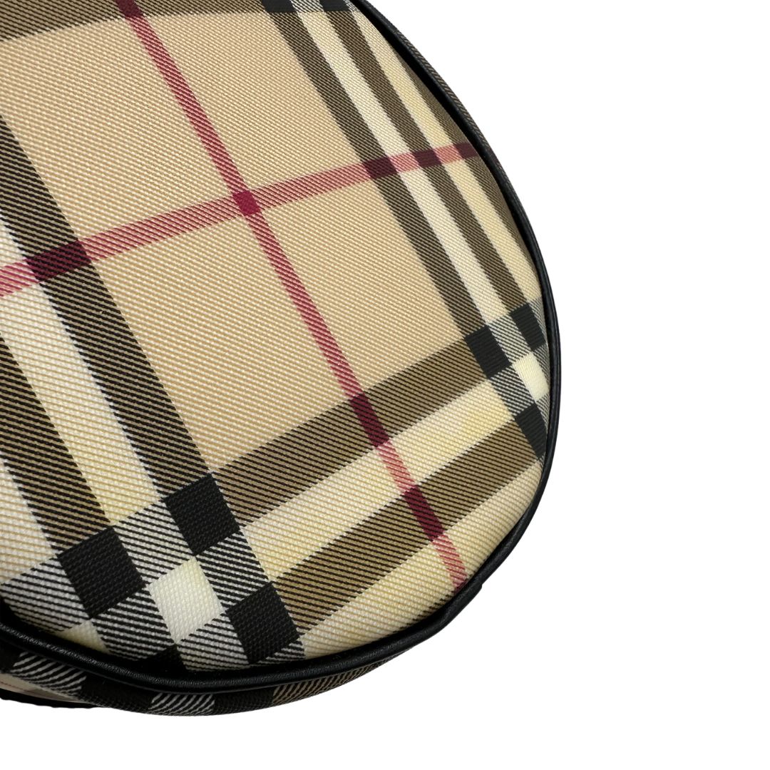 Borsa Burberry in canvas beige tartan con finiture in pelle nere, di lusso, originale, ottime condizioni, usata.