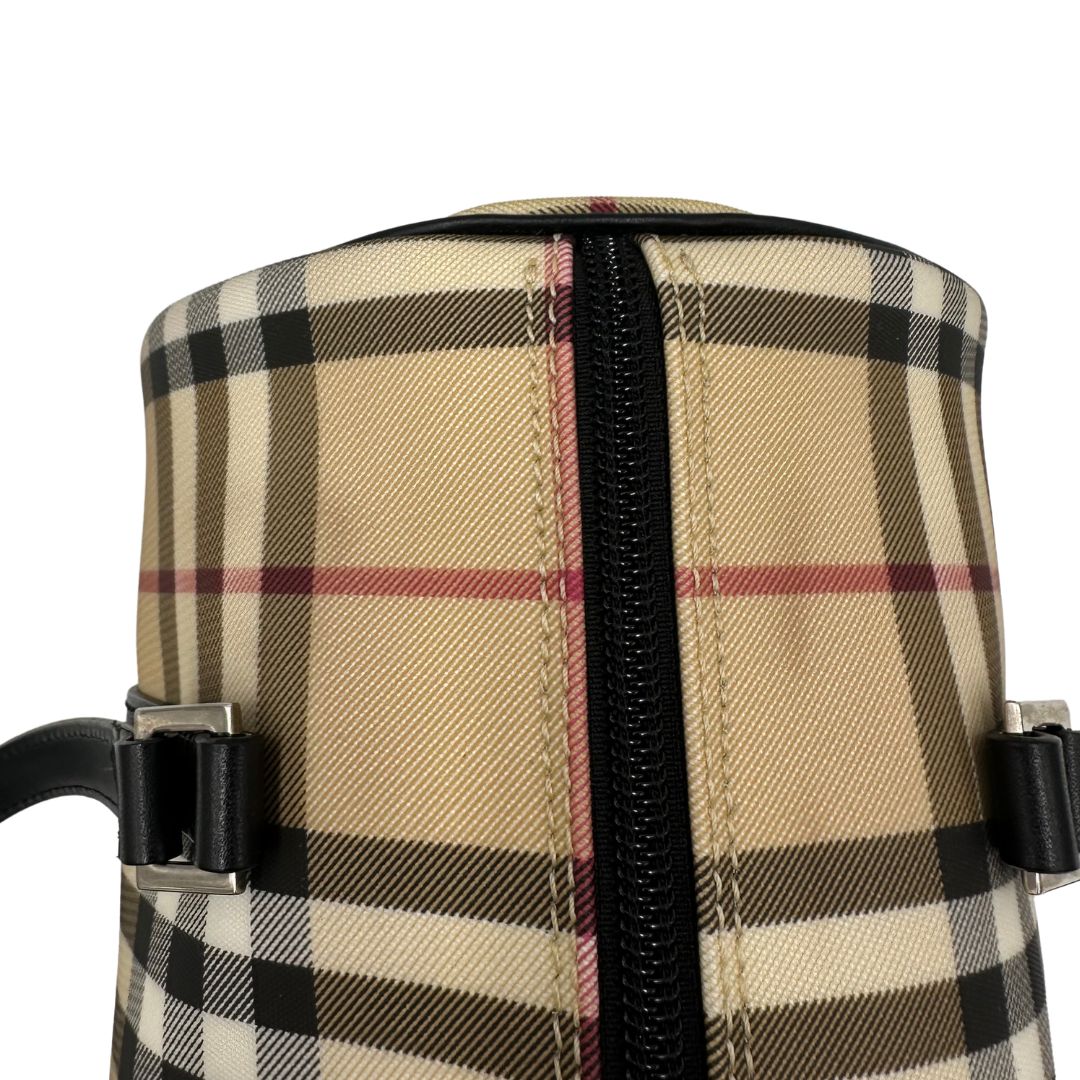 Borsa Burberry in canvas beige tartan con finiture in pelle nere, di lusso, originale, ottime condizioni, usata.