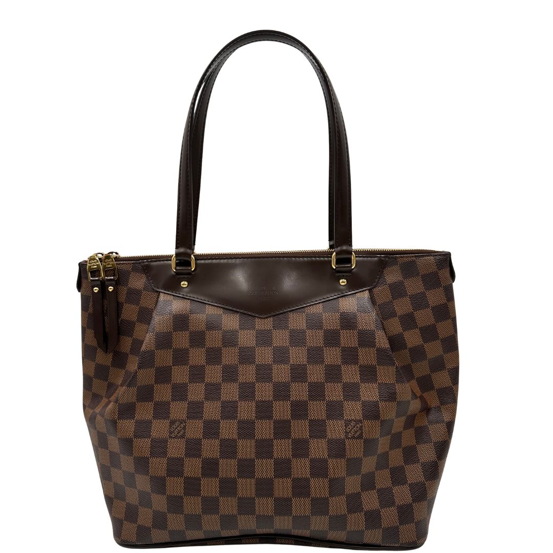 front Borsa Louis Vuitton in canvas Damier Ébène con finiture in pelle marrone e dettagli hardware dorati, di lusso, originale, ottime condizioni, usata. 