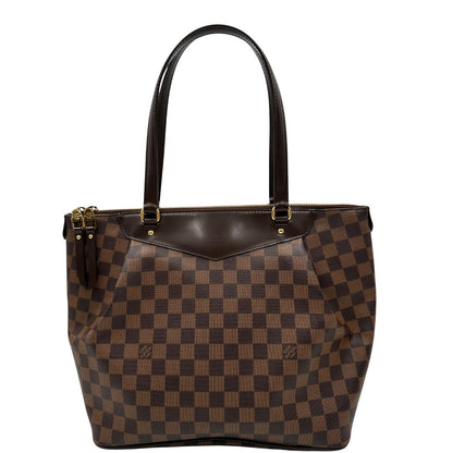 front Borsa Louis Vuitton in canvas Damier Ébène con finiture in pelle marrone e dettagli hardware dorati, di lusso, originale, ottime condizioni, usata. 