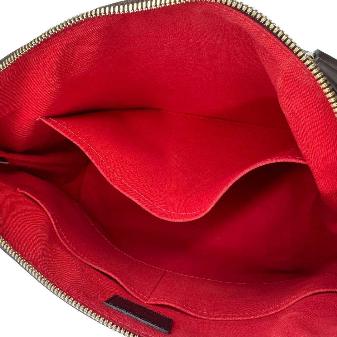 interno Borsa Louis Vuitton in canvas Damier Ébène con finiture in pelle marrone e dettagli hardware dorati, di lusso, originale, ottime condizioni, usata.