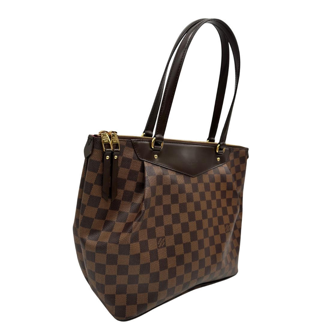lato Borsa Louis Vuitton in canvas Damier Ébène con finiture in pelle marrone e dettagli hardware dorati, di lusso, originale, ottime condizioni, usata. 