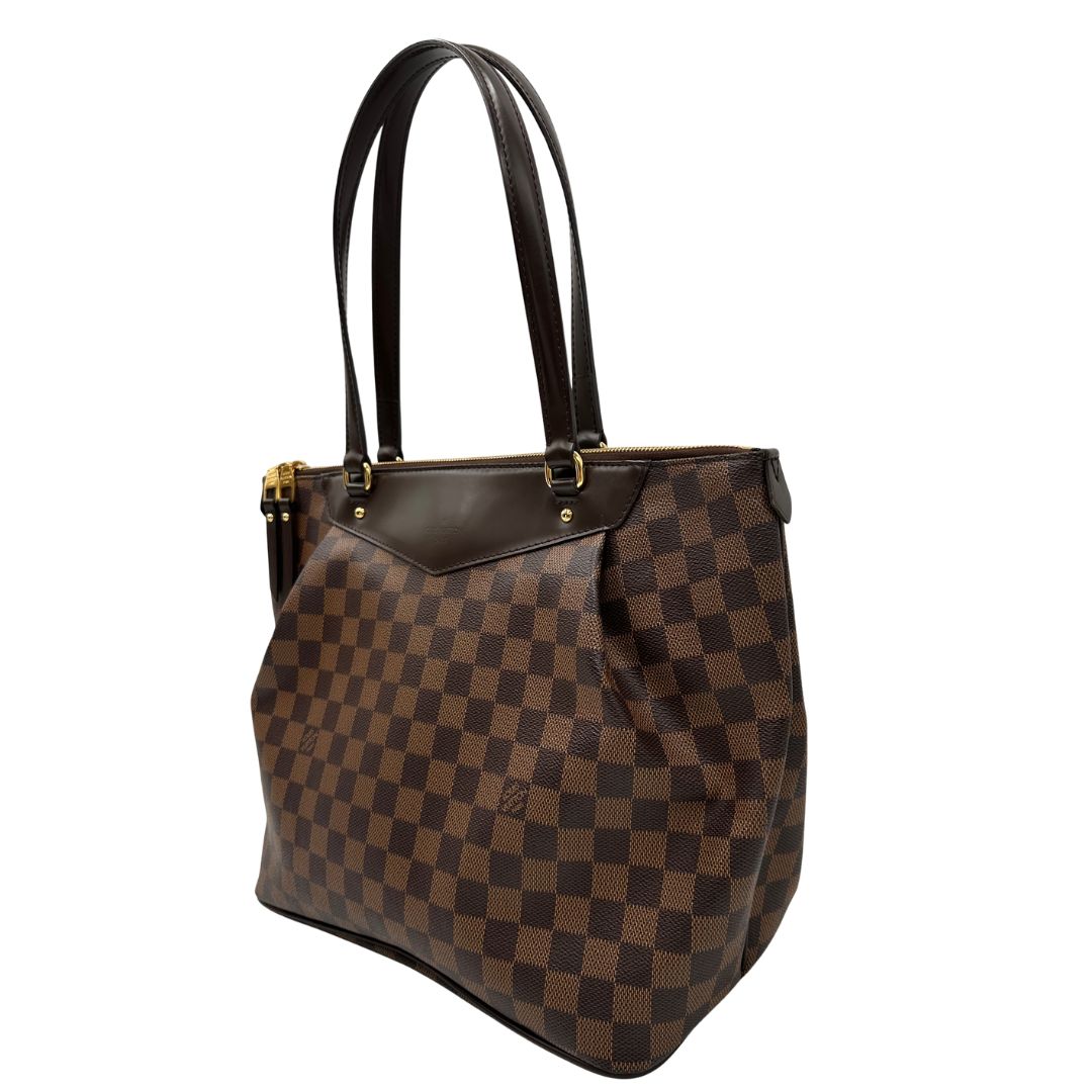 lato Borsa Louis Vuitton in canvas Damier Ébène con finiture in pelle marrone e dettagli hardware dorati, di lusso, originale, ottime condizioni, usata. 