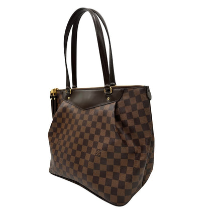 lato Borsa Louis Vuitton in canvas Damier Ébène con finiture in pelle marrone e dettagli hardware dorati, di lusso, originale, ottime condizioni, usata. 