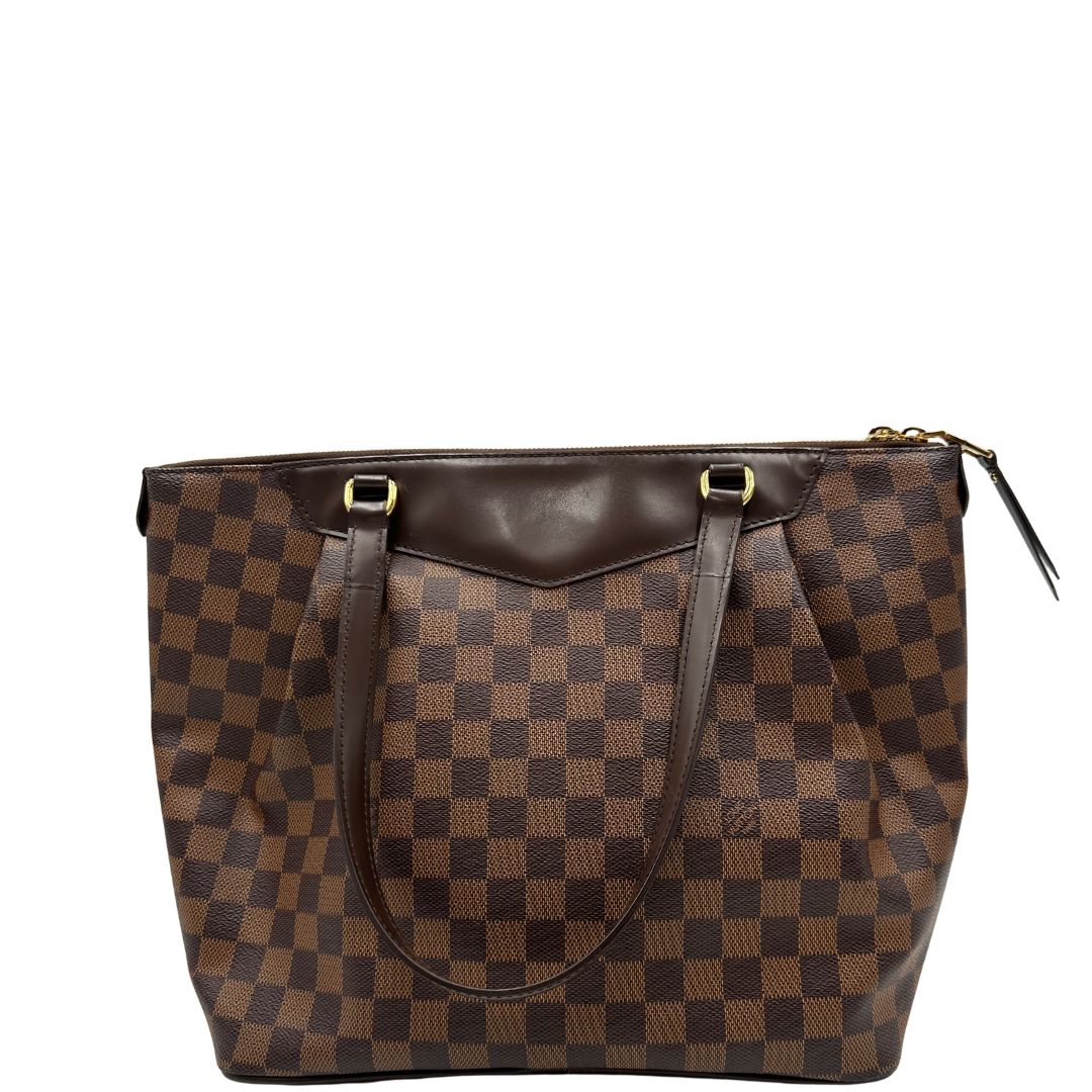 retro Borsa Louis Vuitton in canvas Damier Ébène con finiture in pelle marrone e dettagli hardware dorati, di lusso, originale, ottime condizioni, usata. 