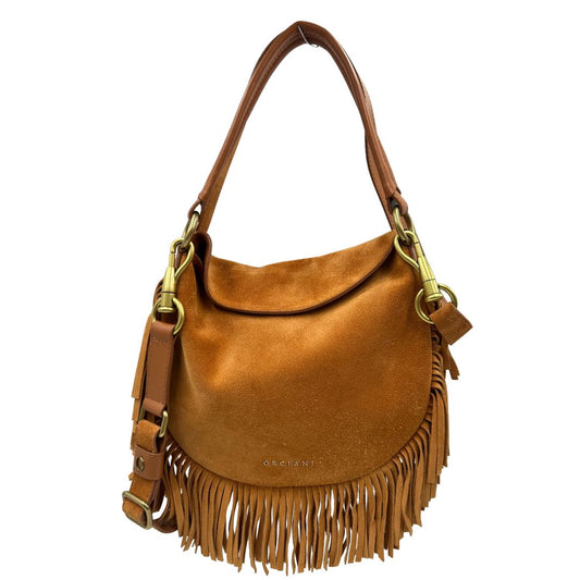 front Borsa Orciani in pelle scamosciata color cognac impreziosita da frange sui profili, di lusso, originale, eccellenti condizioni. 