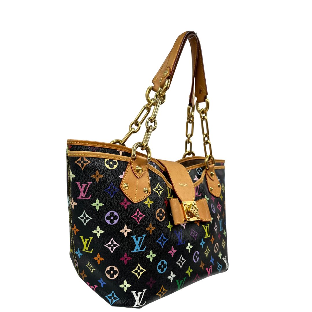 lato  Borsa Louis Vuitton Annie in canvas Monogram Multicolore nera, iconico modello realizzato in collaborazione con Takashi Murakami, di lusso, originale. 
