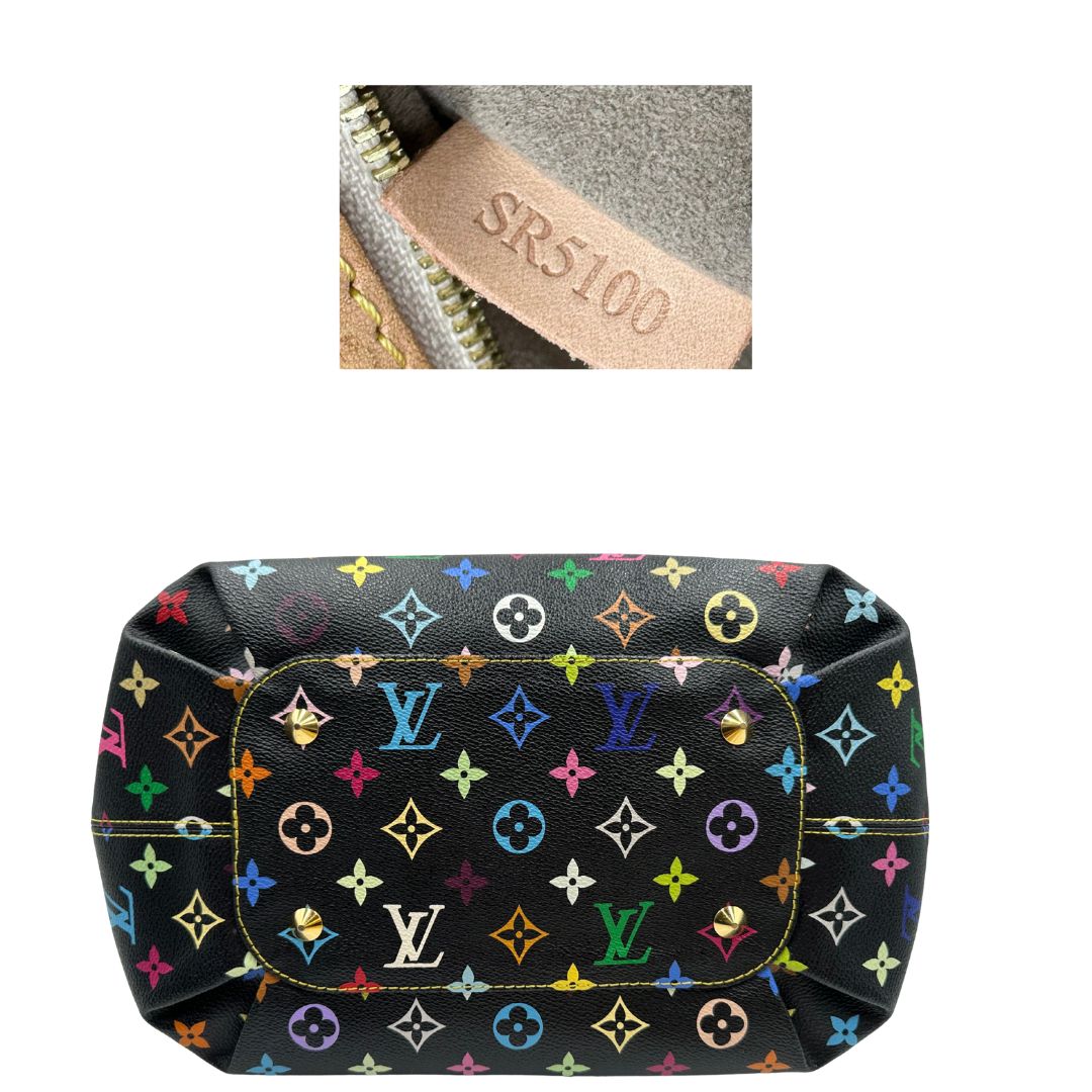 base  Borsa Louis Vuitton Annie in canvas Monogram Multicolore nera, iconico modello realizzato in collaborazione con Takashi Murakami, di lusso, originale. 