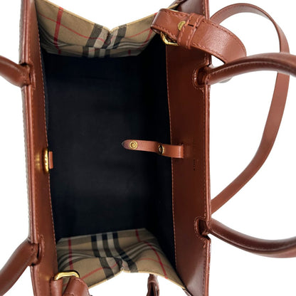 interno Borsa Burberry in tessuto beige tartan con finiture in pelle marroni, di lusso, originale, ottime condizioni, usata. 