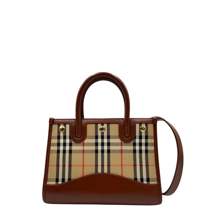 front  Borsa Burberry in tessuto beige tartan con finiture in pelle marroni, di lusso, originale, ottime condizioni, usata. 