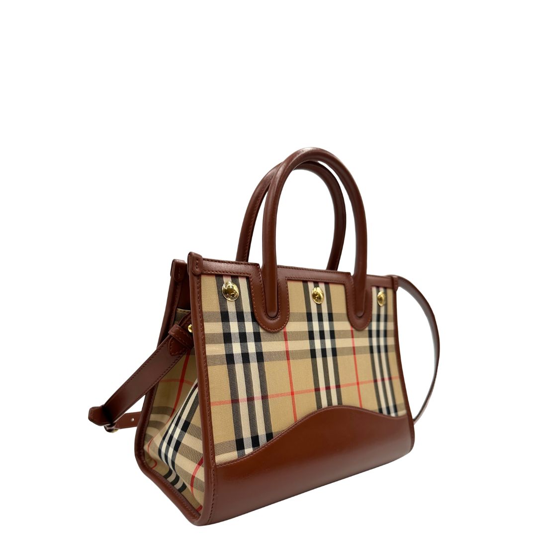 lato  Borsa Burberry in tessuto beige tartan con finiture in pelle marroni, di lusso, originale, ottime condizioni, usata.