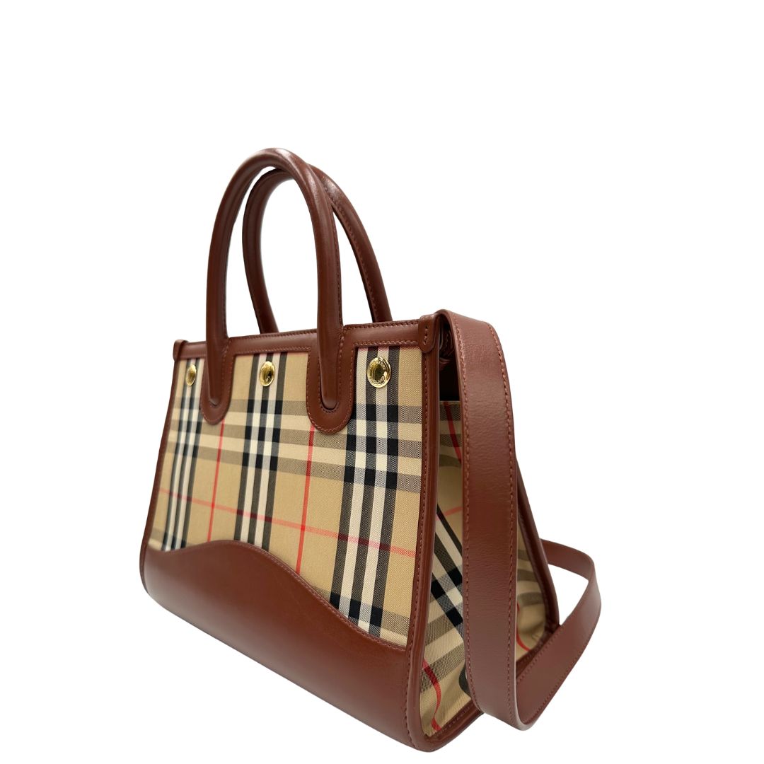 lato Borsa Burberry in tessuto beige tartan con finiture in pelle marroni, di lusso, originale, ottime condizioni, usata.