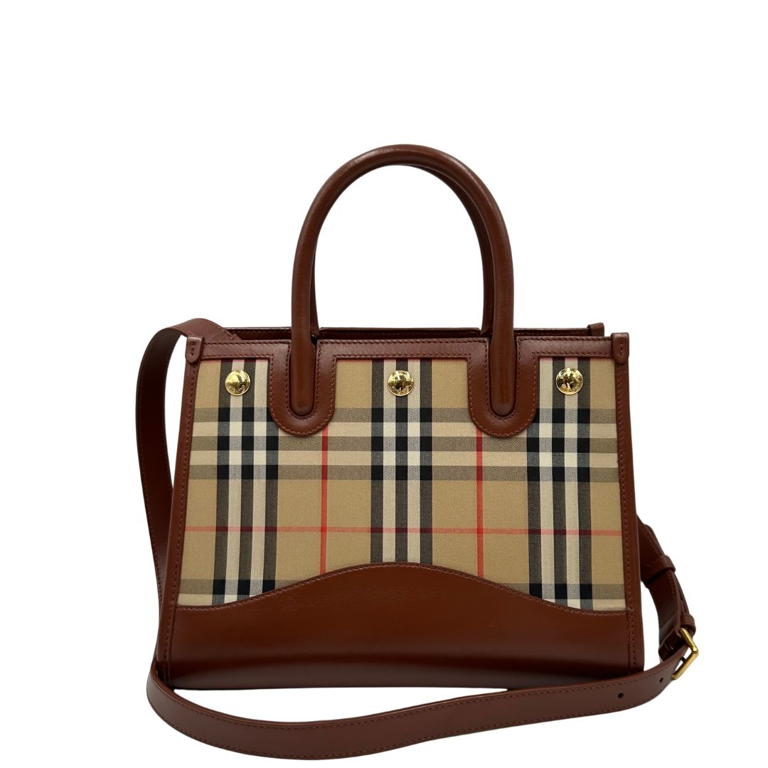retro  Borsa Burberry in tessuto beige tartan con finiture in pelle marroni, di lusso, originale, ottime condizioni, usata. 