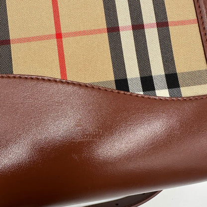  Borsa Burberry in tessuto beige tartan con finiture in pelle marroni, di lusso, originale, ottime condizioni, usata.