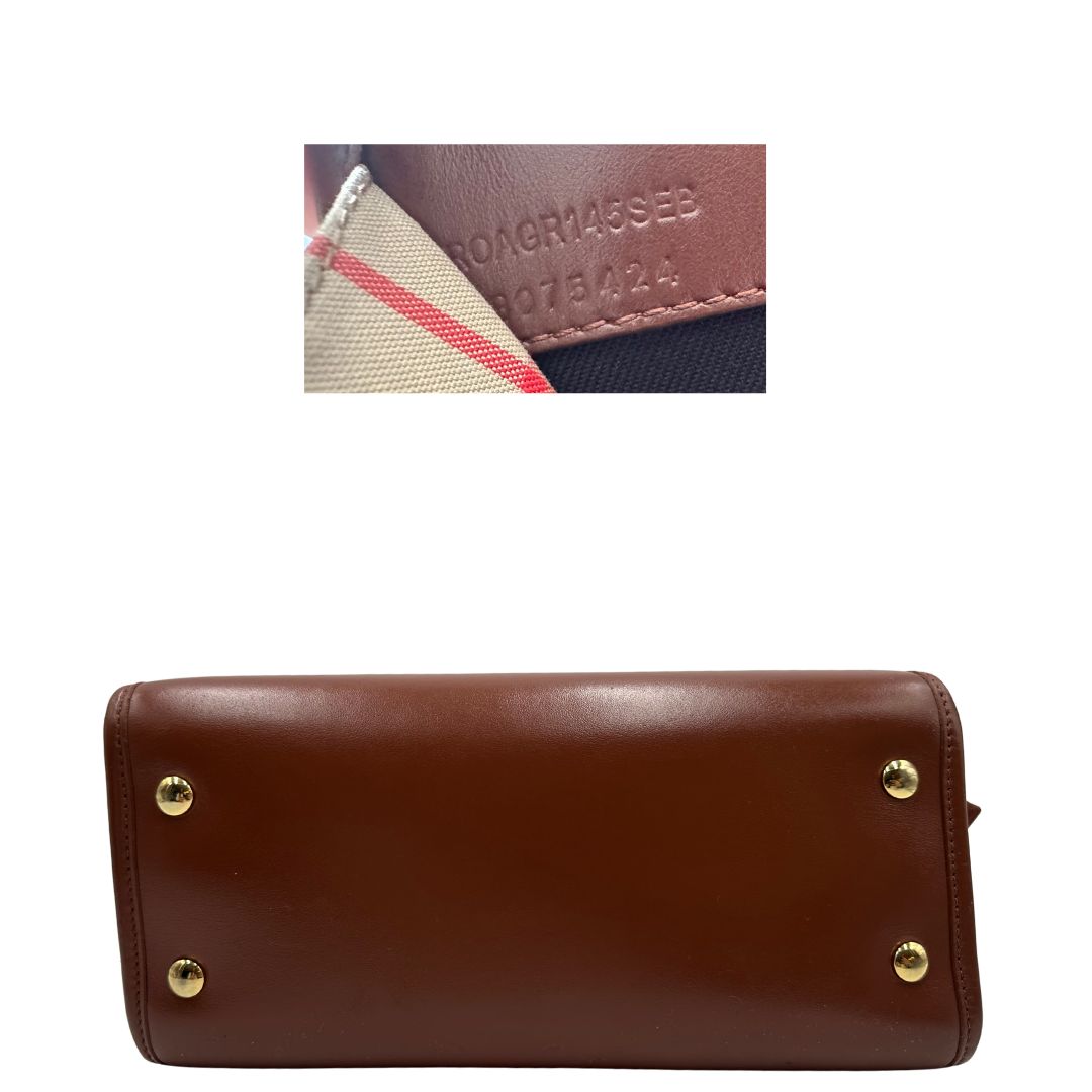  Borsa Burberry in tessuto beige tartan con finiture in pelle marroni, di lusso, originale, ottime condizioni, usata.