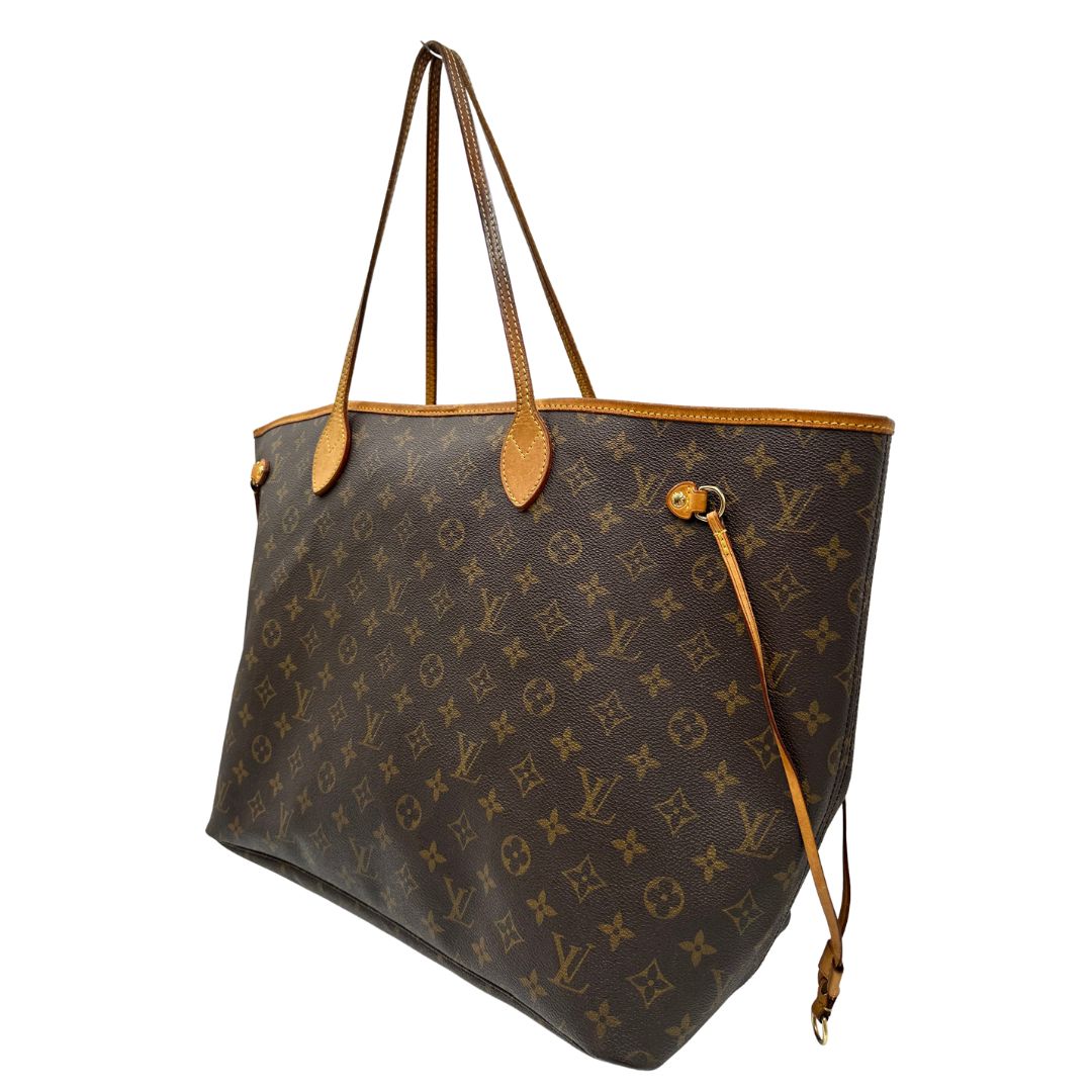 lato  Louis Vuitton Neverfull nella versione GM in canvas monogram. Indossabile a spalla, di lusso, originale, ottime condizioni.