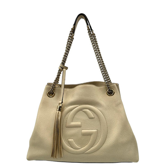 front Borsa Gucci in pelle color bianco avorio munita di doppi manici, indossabile a spalla, di lusso, originale, ottime condizioni, usata. 