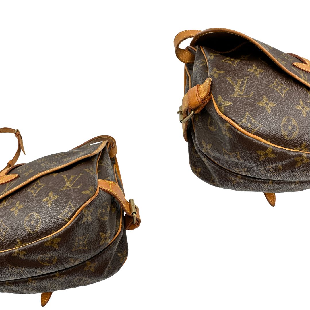 angoli  Borsa Saumur LV monogram nella misura 30 realizzata in canvas monogram e finiture in vacchetta naturale, di lusso, originale, ottime condizioni, usata.