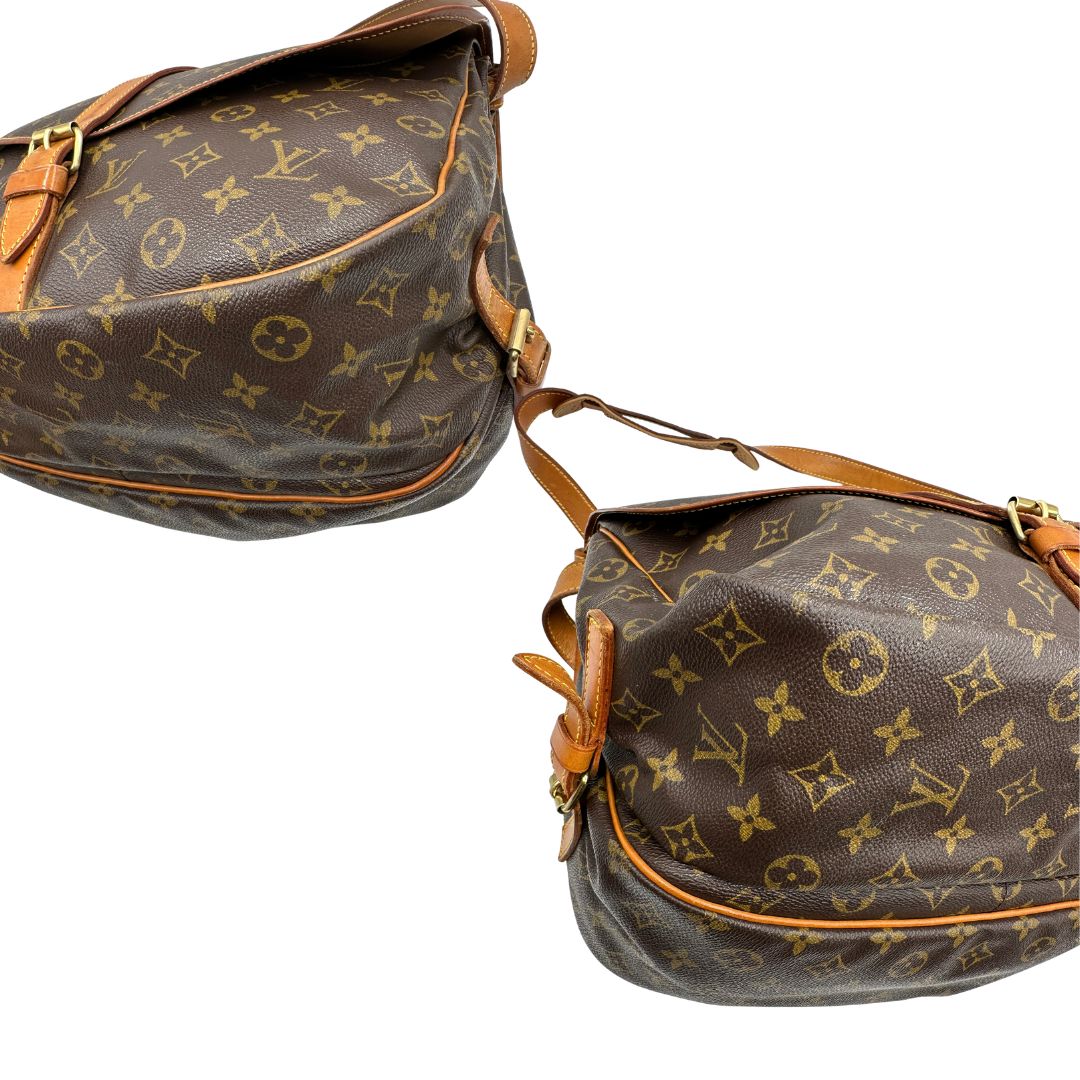 angoli Borsa Saumur LV monogram nella misura 35 realizzata in canvas monogram e finiture in vacchetta naturale, di lusso, originale, ottime condizioni, usata