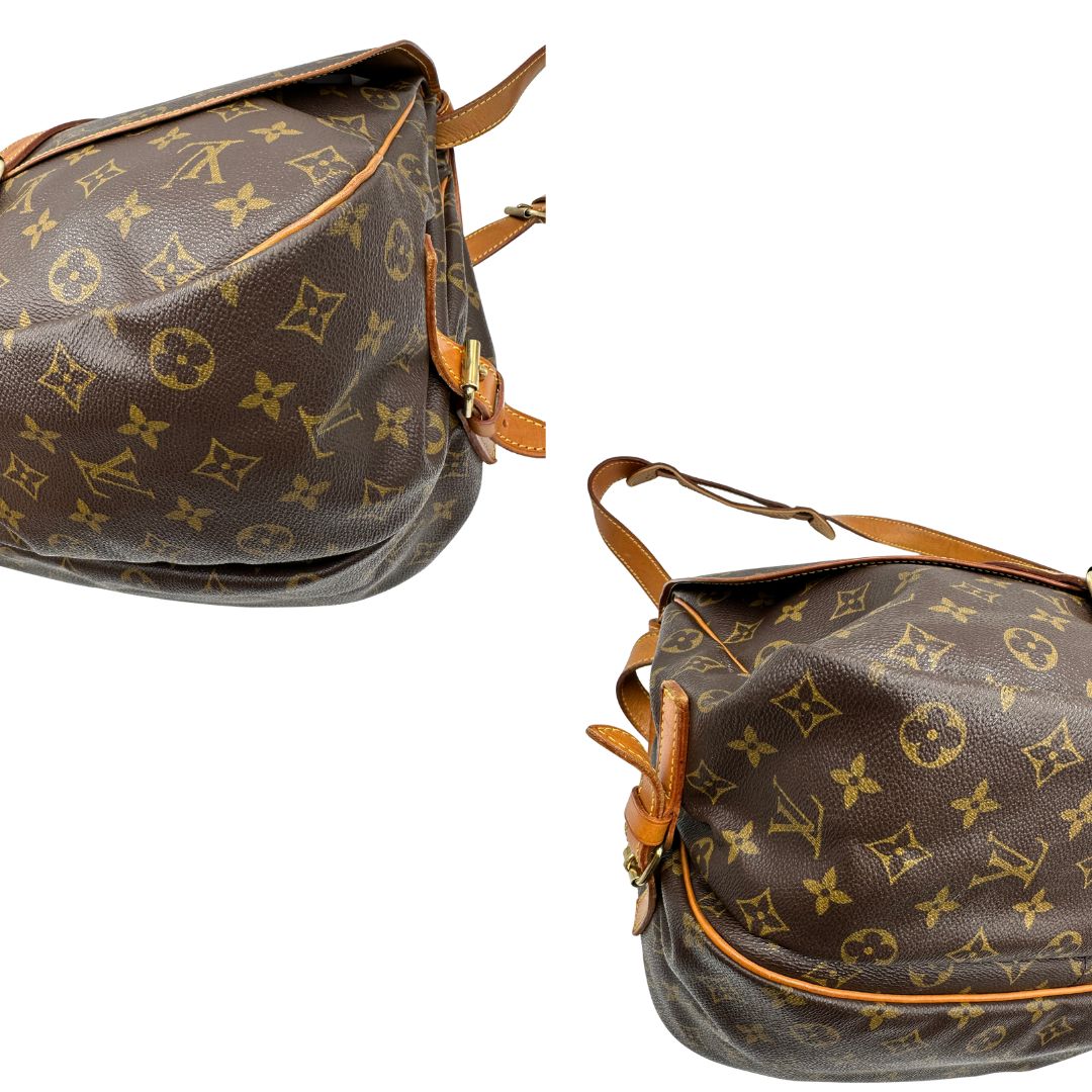 angoli Borsa Saumur LV monogram nella misura 35 realizzata in canvas monogram e finiture in vacchetta naturale, di lusso, originale, ottime condizioni, usata 