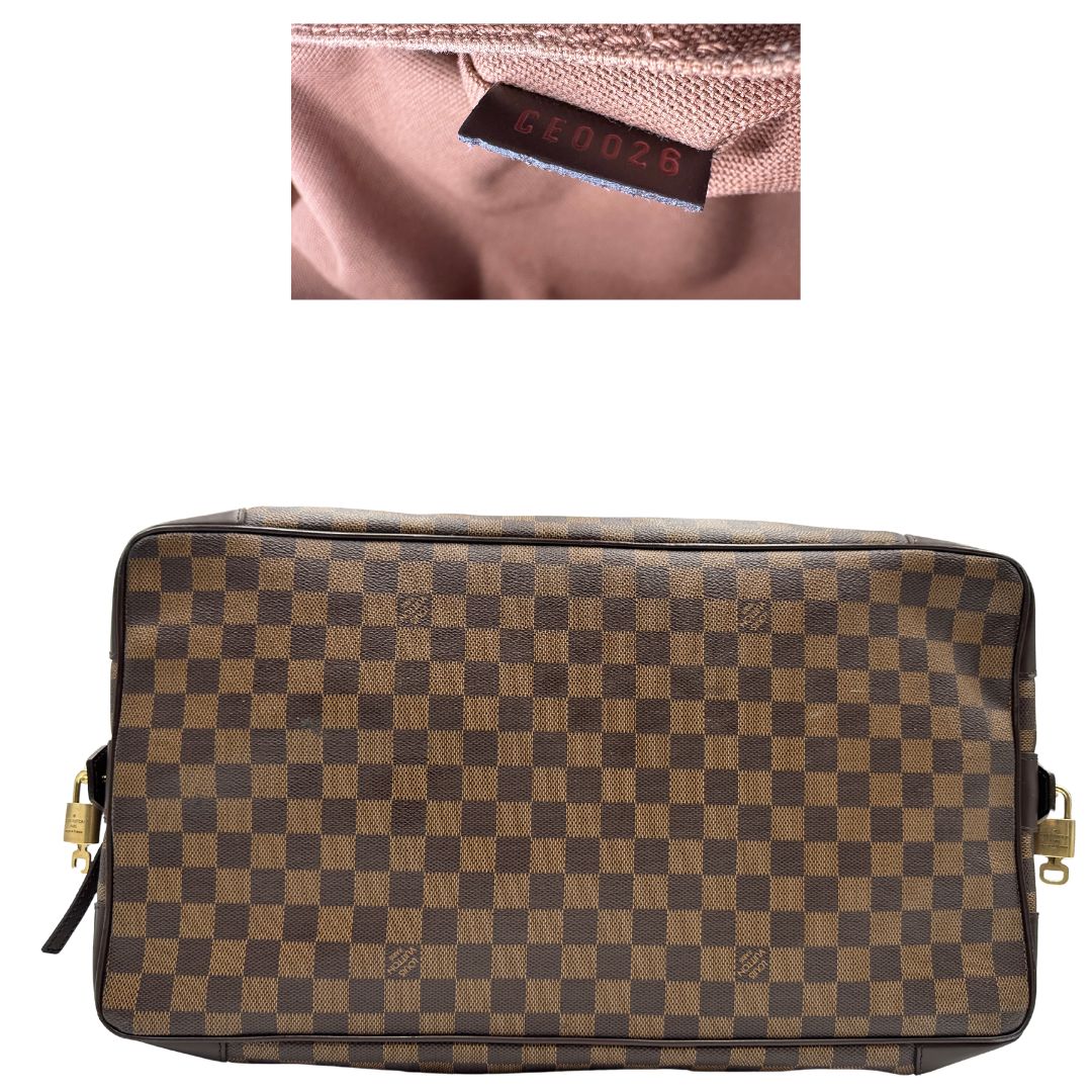 base  Borsone Louis Vuitton in canvas Damier Ébène con finiture in pelle marrone e dettagli hardware dorati, di lusso, originale, ottime condizioni, usato. 