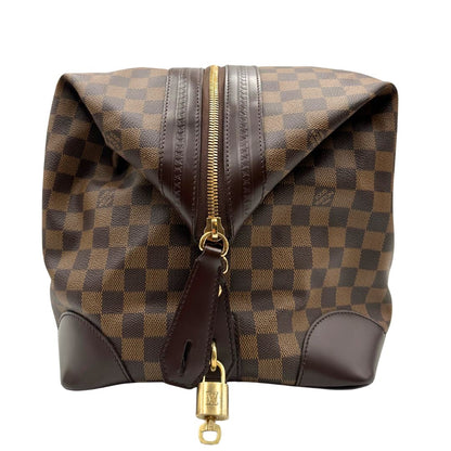 lato  Borsone Louis Vuitton in canvas Damier Ébène con finiture in pelle marrone e dettagli hardware dorati, di lusso, originale, ottime condizioni, usato.