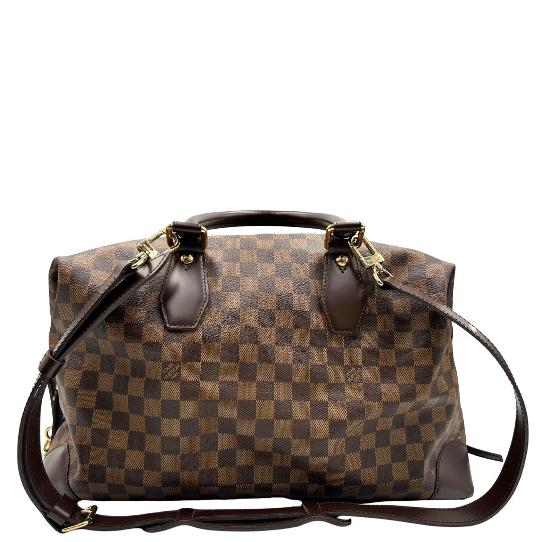 retro  Borsone Louis Vuitton in canvas Damier Ébène con finiture in pelle marrone e dettagli hardware dorati, di lusso, originale, ottime condizioni, usato. 