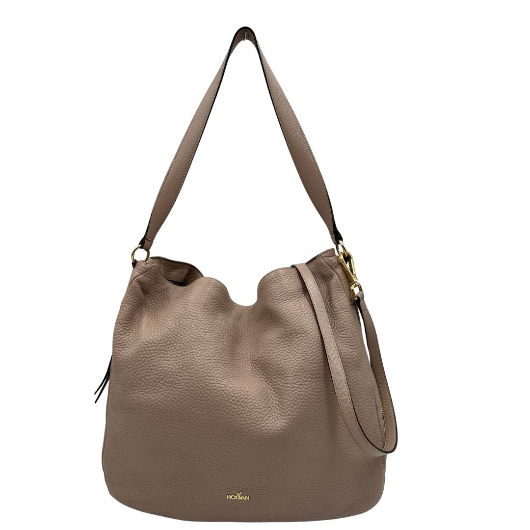 front Borsa Hogan in pelle martellata color rosa cipria e hardware dorato, di lusso, originale, ottime condizioni, usata.