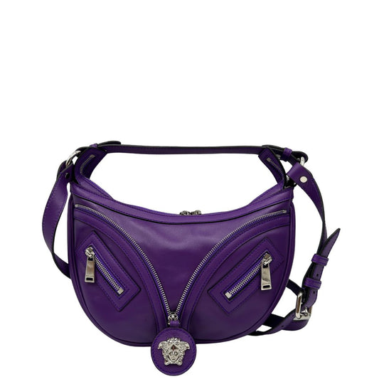 front Borsa Versace in pelle viola e hardware argentato, di lusso, originale, ottime condizioni, usata.