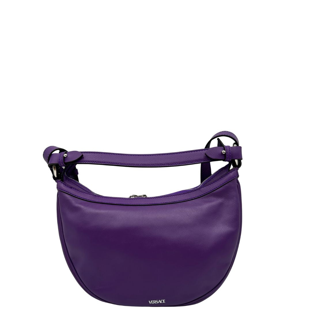 retro Borsa Versace in pelle viola e hardware argentato, di lusso, originale, ottime condizioni, usata. 
