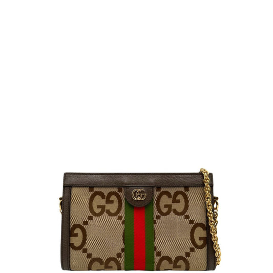 front Borsa Gucci Ophidia GG Jumbo sui toni del marrone e del beige, con iconica striscia Web verde e rossa sul front 